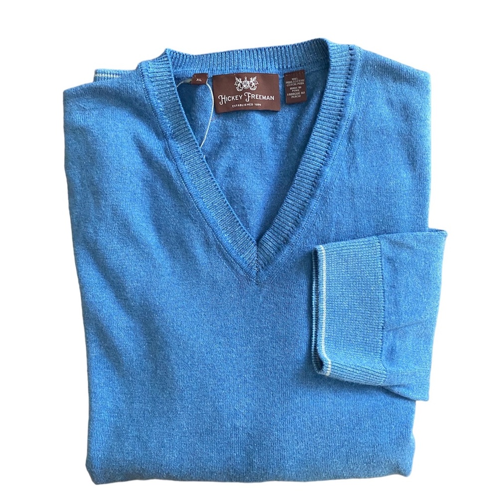 Gorgeous Blue  100% Pima Cotton V-Neck Sweater by Hickey Freeman.